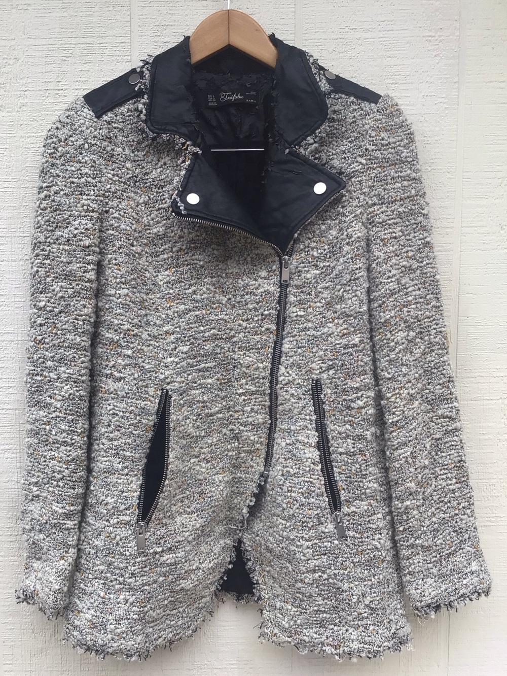 Zara boucle moto flawed faux leather jacket coat